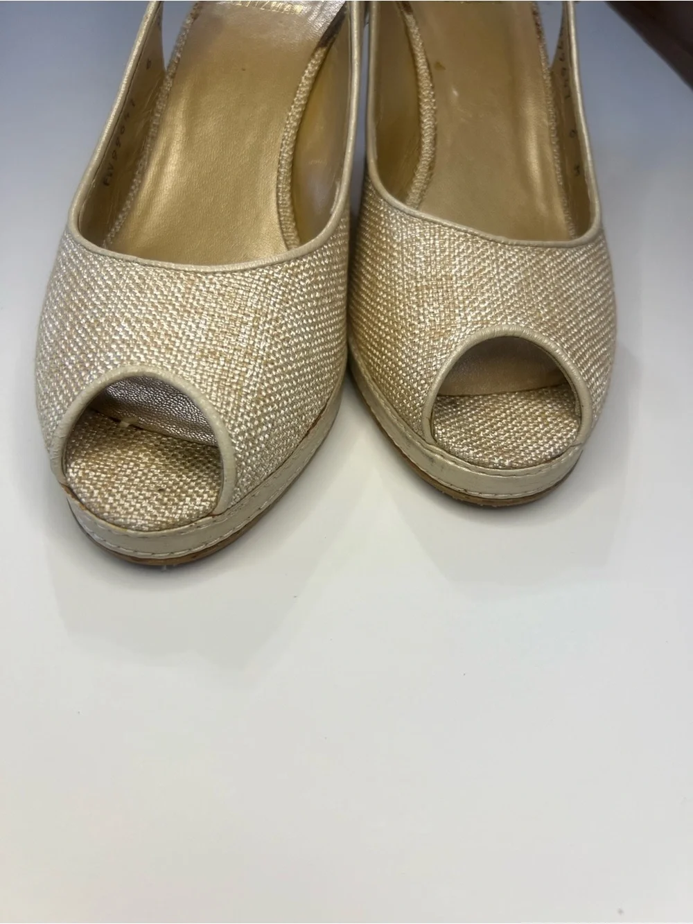 Stuart Weitzman Metallic Gold Peep-Toe Wedge Slingbacks - Picture 10 of 16